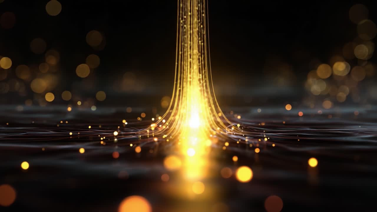 Flusso accattivante di particelle dorate che crea uno straordinario effetto visivo su uno sfondo scuro, mettendo in mostra l'interazione di luce e movimento nel design artistico