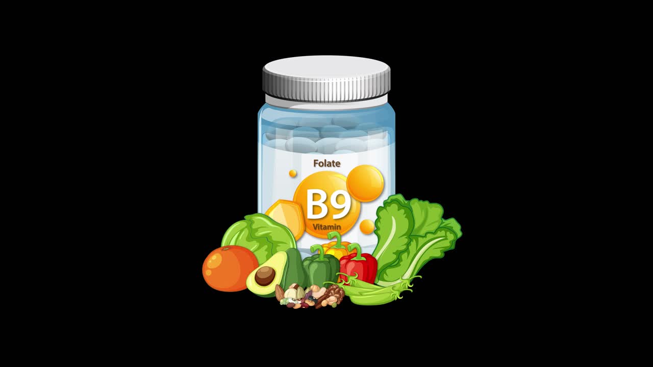 Vitamin B9 bottle transitions to include assorted vegetables and fruits on a clean black background
