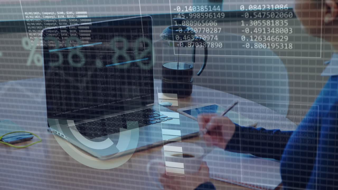 animación de datos financieros con iconos sobre una mujer de negocios caucásica en el cargo.