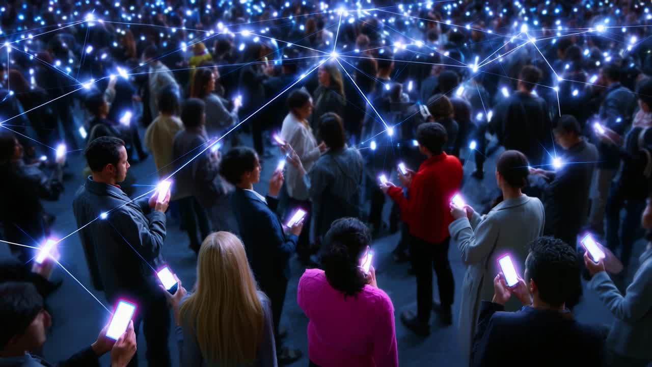 A Captivating Scene of a Crowd Connected Through Technology, Illuminated by Mobile Devices Radiating Light, Illustrating the Power of Connectivity in a Digital Age with Engaged Individuals Interacting