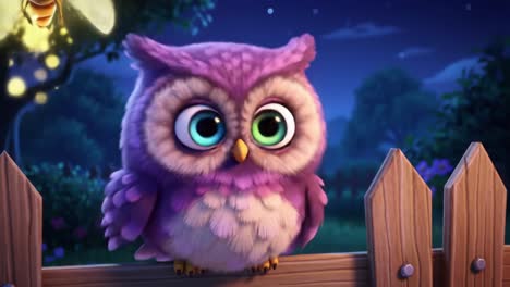 a captivating purple owl surrounded by magical fireflies at night, perched on a wooden fence, under a starry sky filled with twinkling lights and enchanting vibes