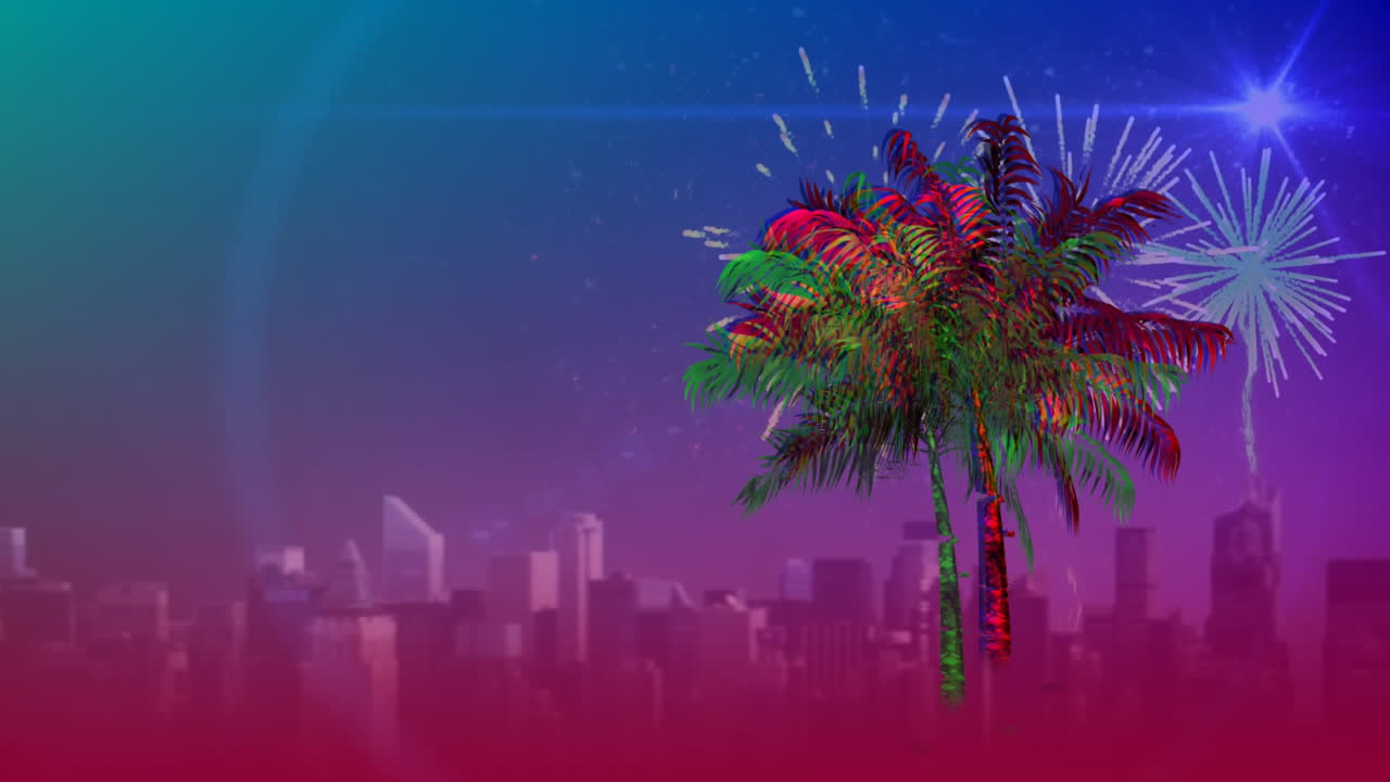 palma y fuegos artificiales sobre una ciudad