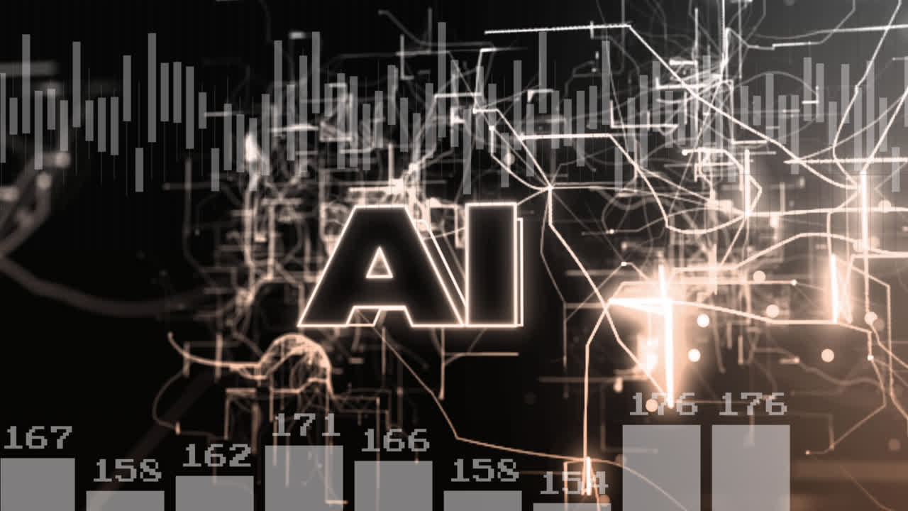 Animation of ai text over data processing on black background