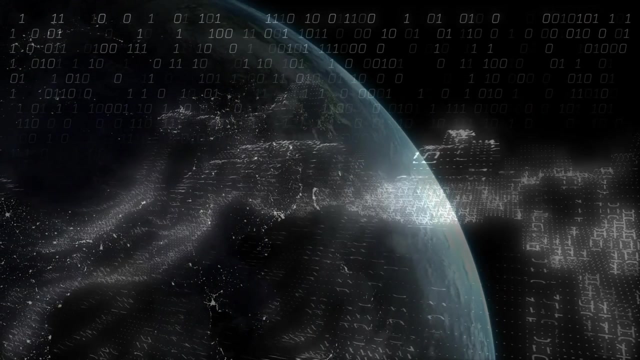 Rotating 3D globe causing binary digits to form ring while streams rising to show data network