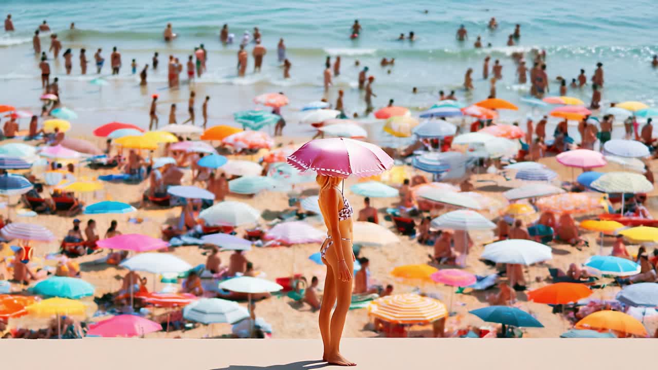 A vibrant beach scene featuring a woman in a bikini holding a colorful umbrella, surrounded by a crowd of sunbathers and rows of umbrellas, capturing the essence of summer fun and relaxation