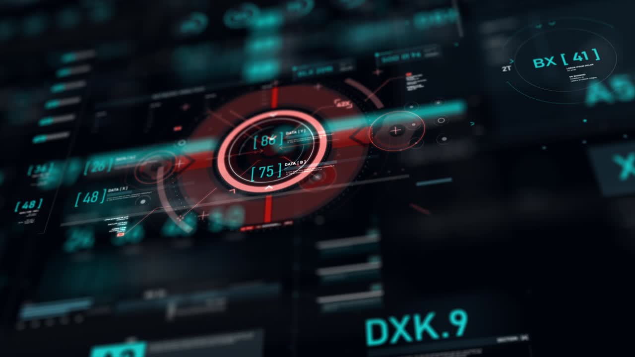Target pointer and Futuristic user interface HUD GUI digital text number element for cyber technology concept with shallow depth of field dark and grain processed