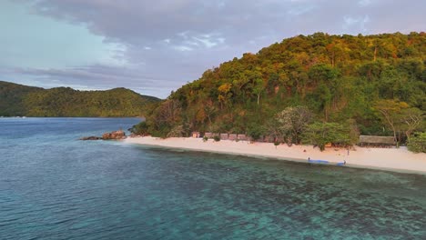 secluded white sand beach lined with native huts and tropical trees, nestled on new culaylayan island, surrounded by clear turquoise waters near linapacan tourists camp in the philippines