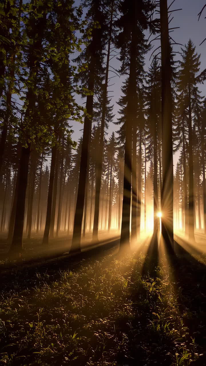 amanecer o atardecer en un bosque de niebla
