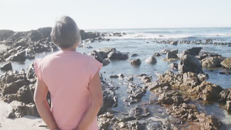 senior african american woman at beach, copy space, slow motion