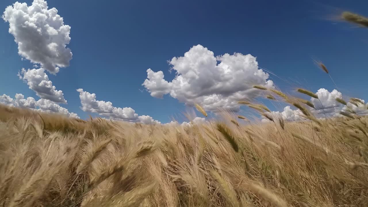 Video con angolazione dal basso che riprende un campo di grano ondeggiante sotto un cielo blu brillante con nuvole soffici