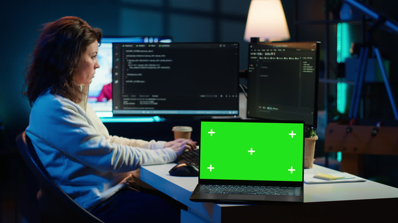 Admin using green screen laptop to implement security measures
