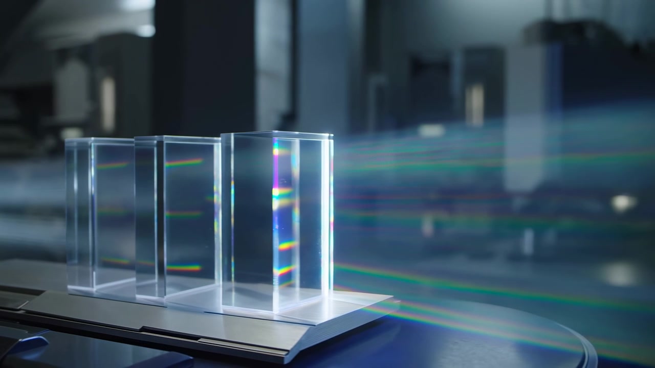 Three clear rectangular blocks catch shifting light as spectral colors intensify and stretch toward the right, while reflective surfaces glow against a softly blurred technical interior.