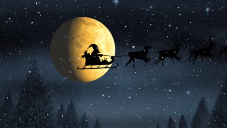 Santa-claus-in-sleigh-being-pulled-by-reindeers-against-christmas-tree-and-moon-in-the-night-sky