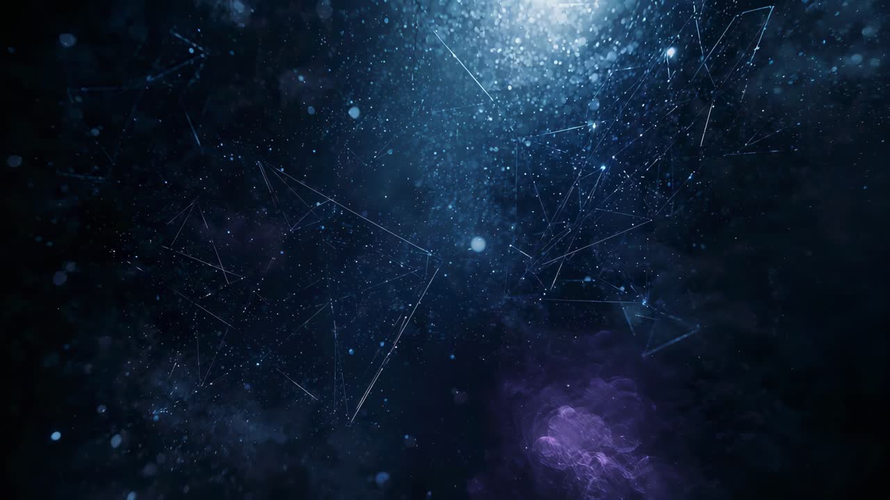 Responding to top glow, central orb growing and glowing in space, dots drifting, lines shifting