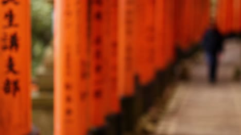 close-up view of orange torii gates featuring japanese characters, creating a vibrant and symmetrical pathway.