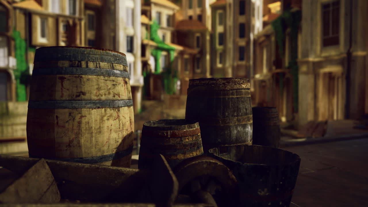 Rustic wooden barrels sit on a cobblestone street in an ancient town