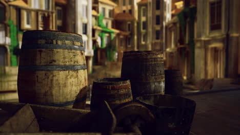 rustic wooden barrels sit on a cobblestone street in an ancient town