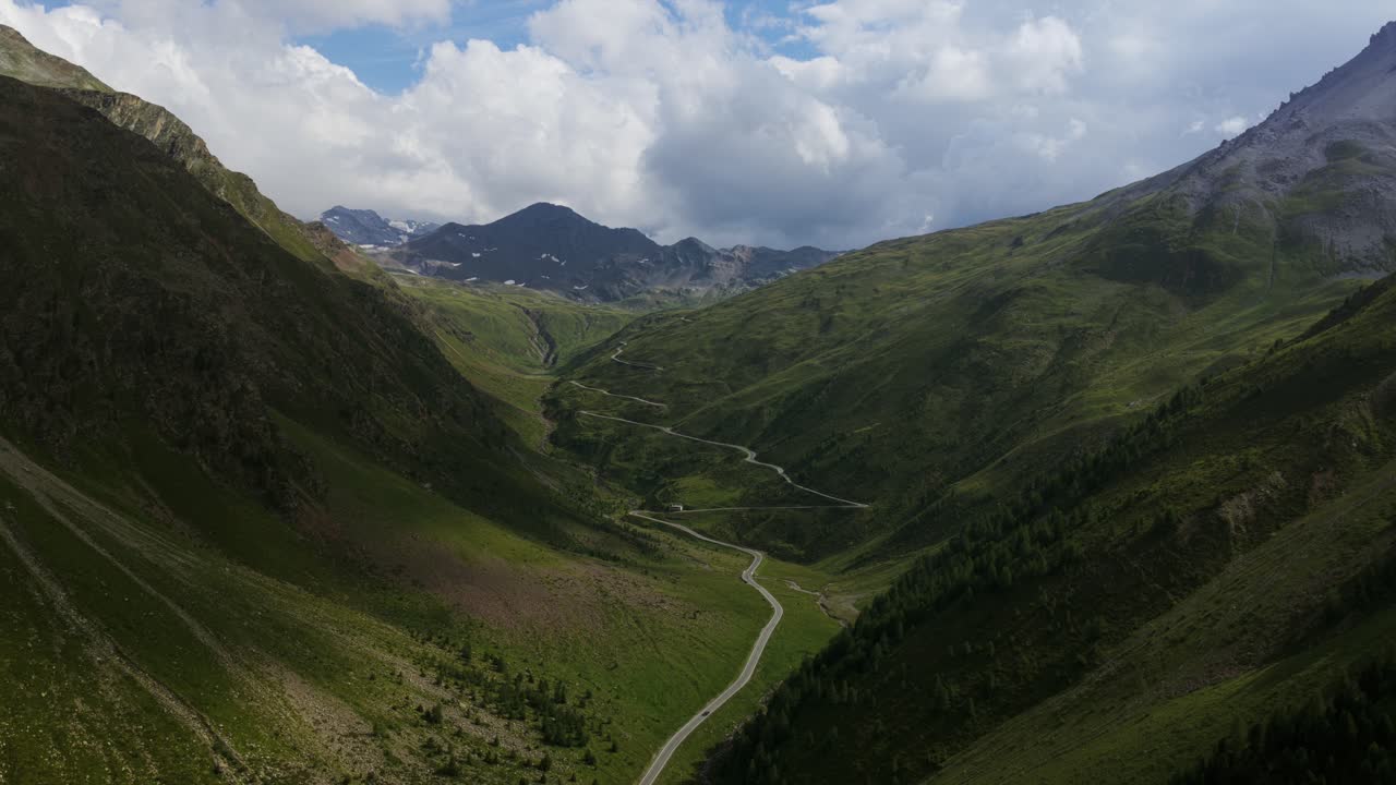 Aerial View Of Umbrail Pass Through The Mountain On The Italy-Switzerland Border