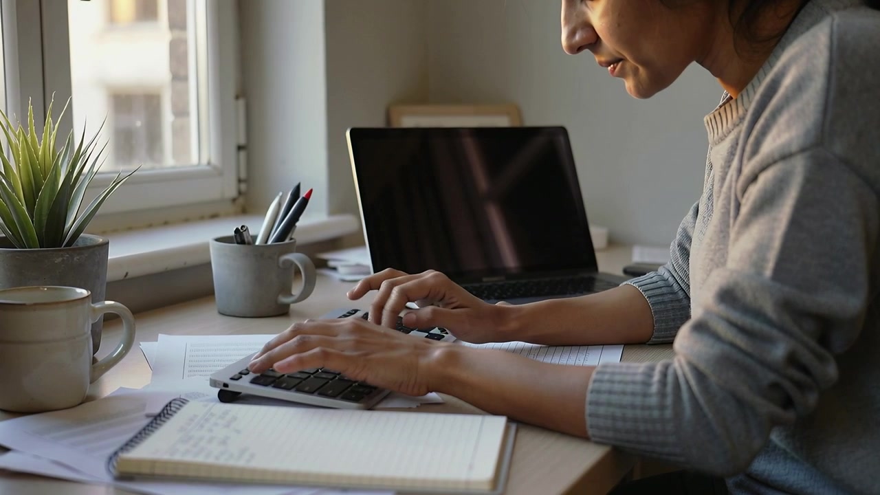 Woman Working on Calculator at Desk in Home Office