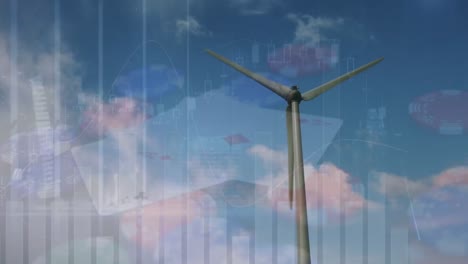 Animation-of-graphs,-data-over-casino-table,-clouds-and-wind-turbine