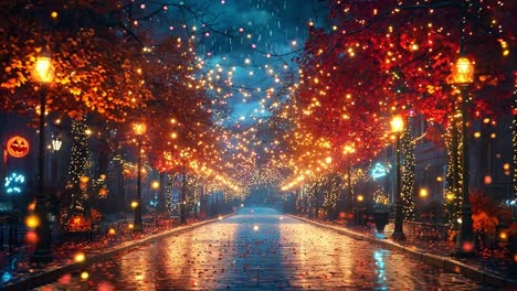 autumn street with lights in the rain