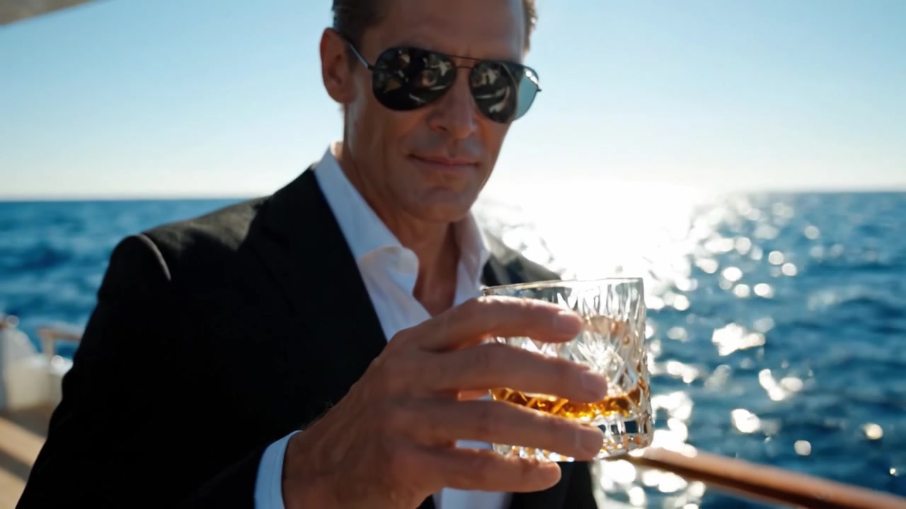 Un uomo sicuro di sé si gode un drink su uno yacht di lusso mentre ammira l'oceano scintillante, catturando l'essenza del relax e dell'eleganza in un ambiente idilliaco.