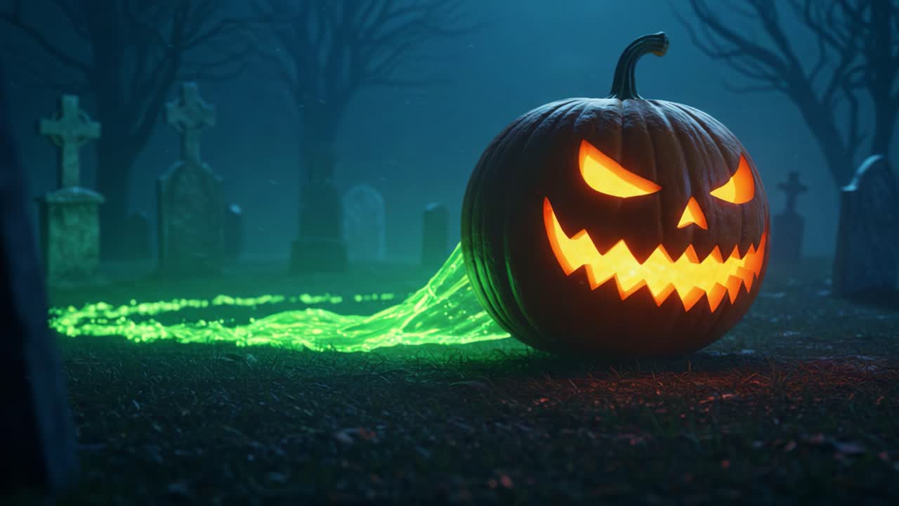 A Spooky Halloween Scene Featuring an Illuminated Pumpkin with Sinister Features and Green Glow in an Eerie Graveyard, Perfectly Capturing the Essence of the Haunting Season
