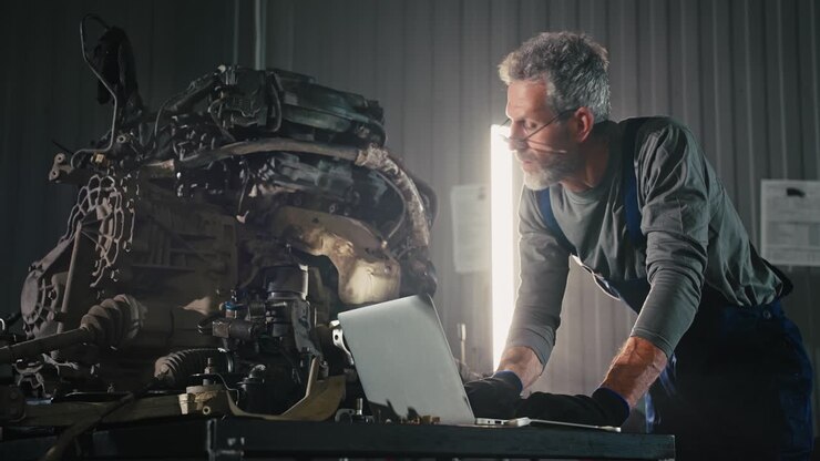 Auto Mechanic Inspecting Engine with Laptop
