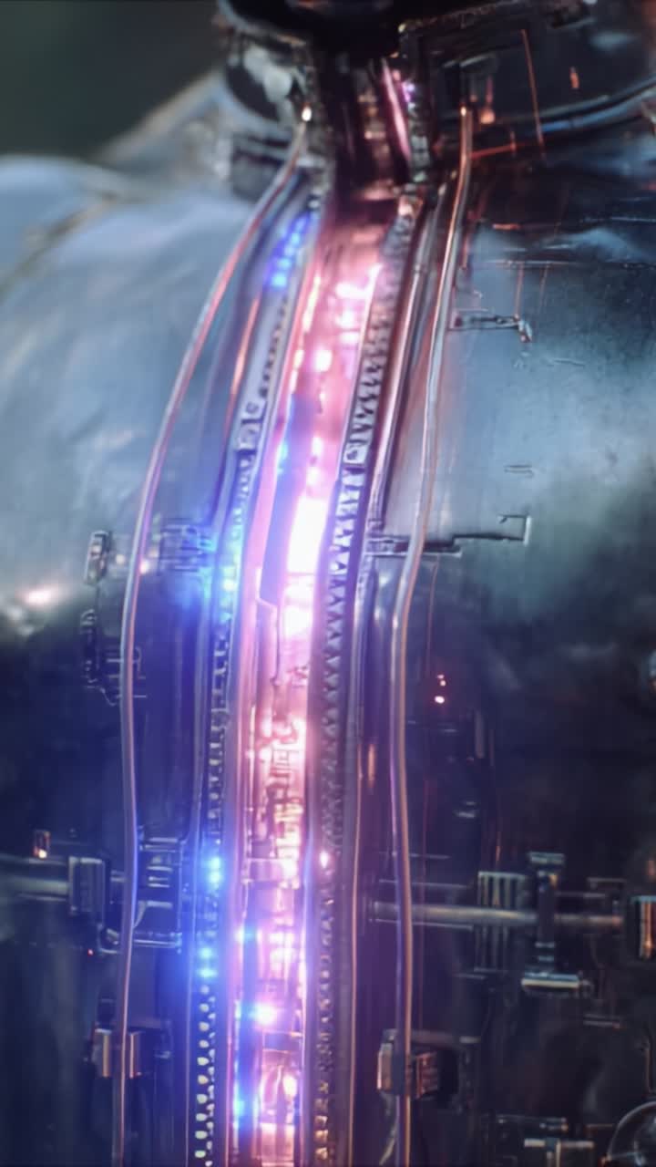 Detailed Close-Up of a Futuristic Mechanical Suit with Illuminated Features Highlighting Advanced Technology and Unique Design Elements