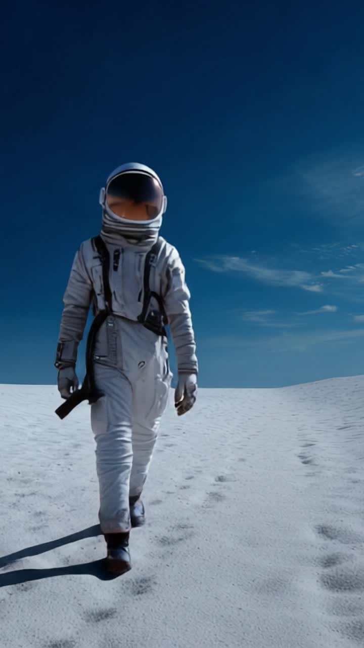 An astronaut explores a serene and desolate landscape, wearing a space suit and helmet under a vast blue sky with traces left in the white sand beneath their feet