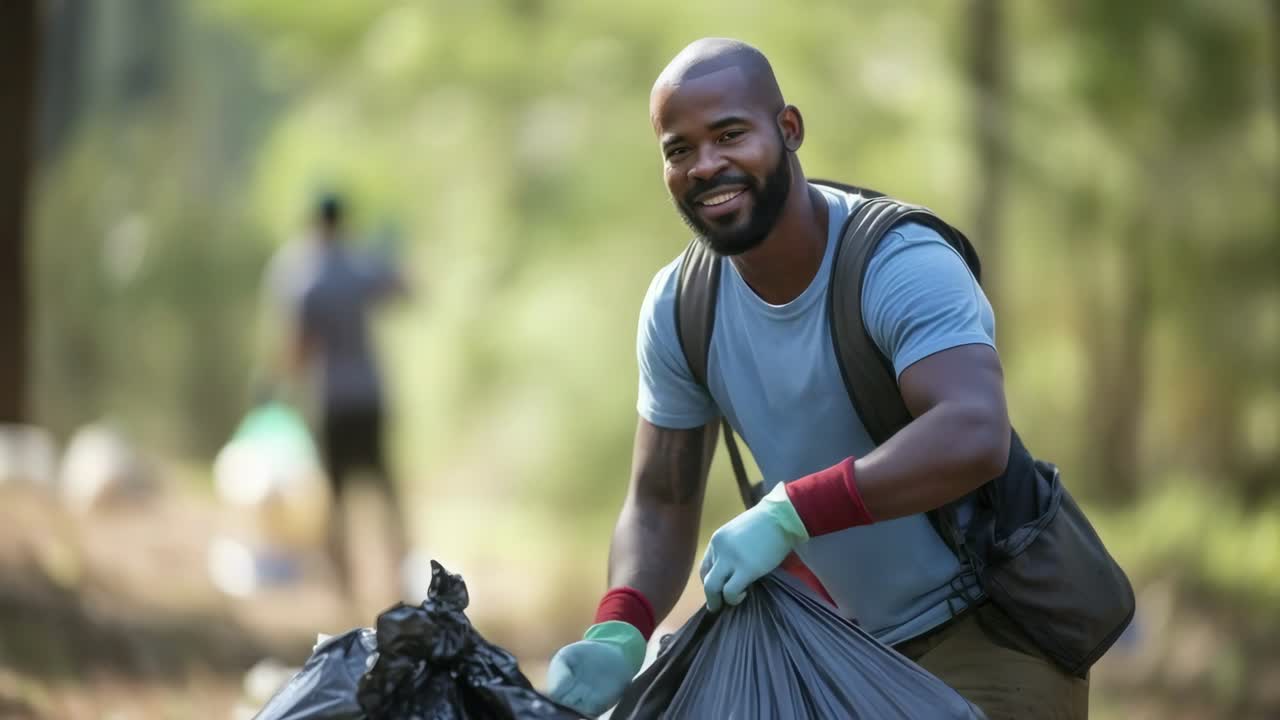 A man collects trash in a forest, captured in a candid side angle