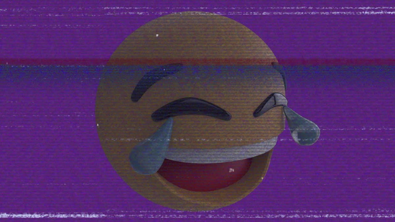 Animation of cry emoji over noise on screen on purple and white background