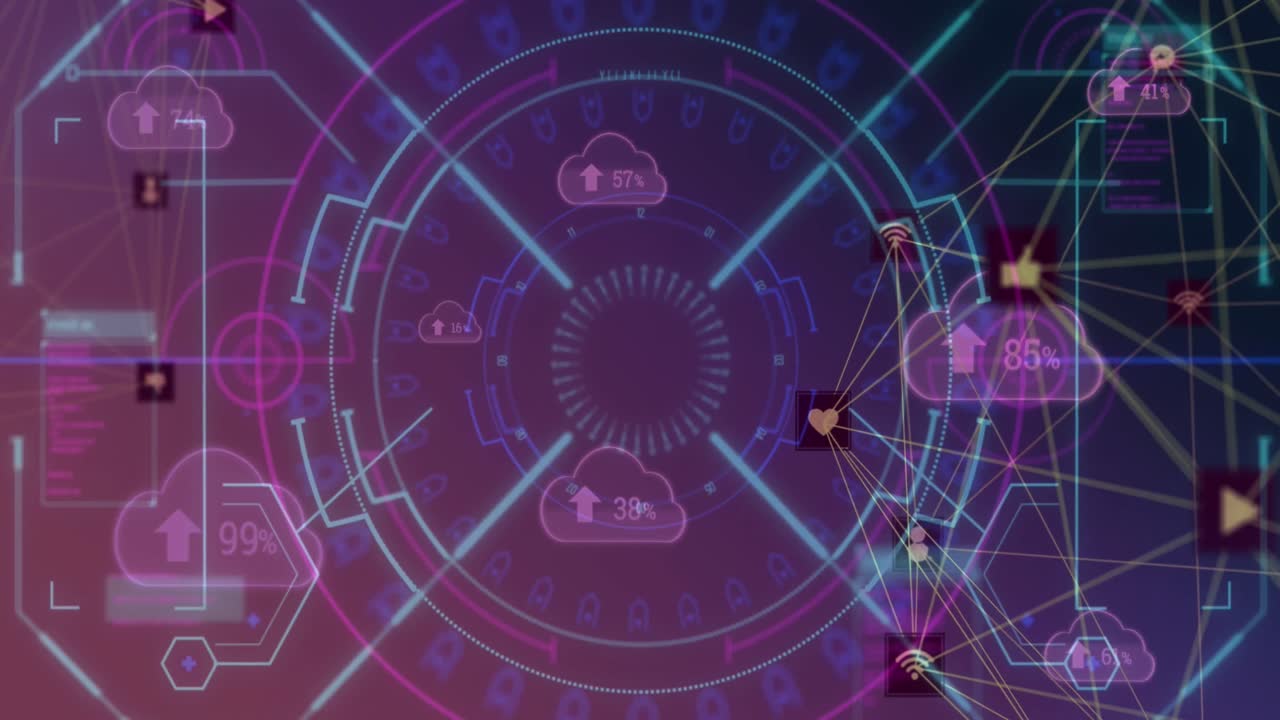 animación de iconos de perfil digital que se conectan con líneas y nubes con números y flechas