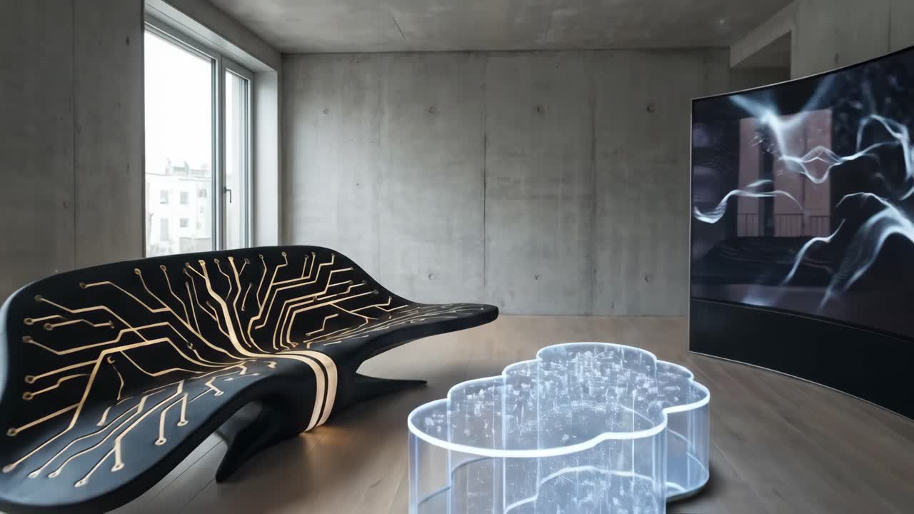 Futuristisk stue med smart sofa, sky-bord og buet skærm