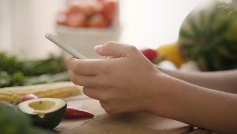 handheld view of woman using mobile phone in the kitchen/rzeszow/poland