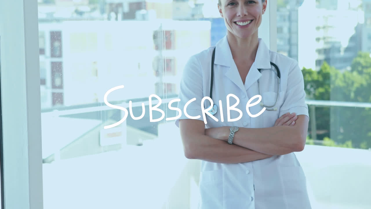Animation of subscribe text over smiling caucasian female doctor