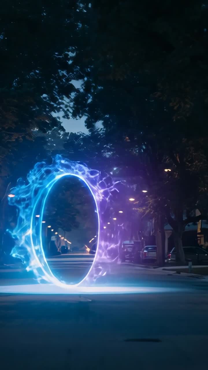 Vertical video: Flickering glow appearing on tree lined road and forming energy portal ring at dusk