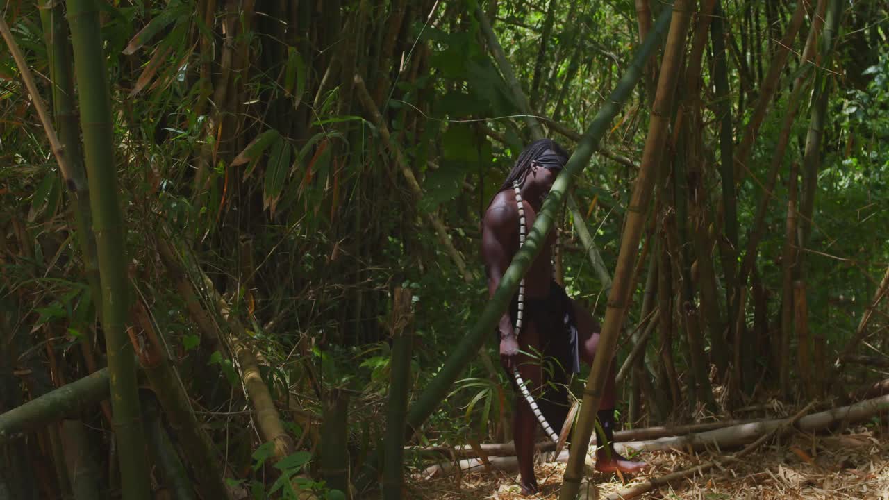 The forest provides the backdrop for a dark-skinned, muscular guy in his Tarzan cosplay attire.