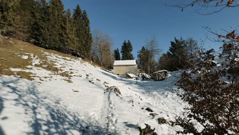 Snowy Mountain Path with Cabin