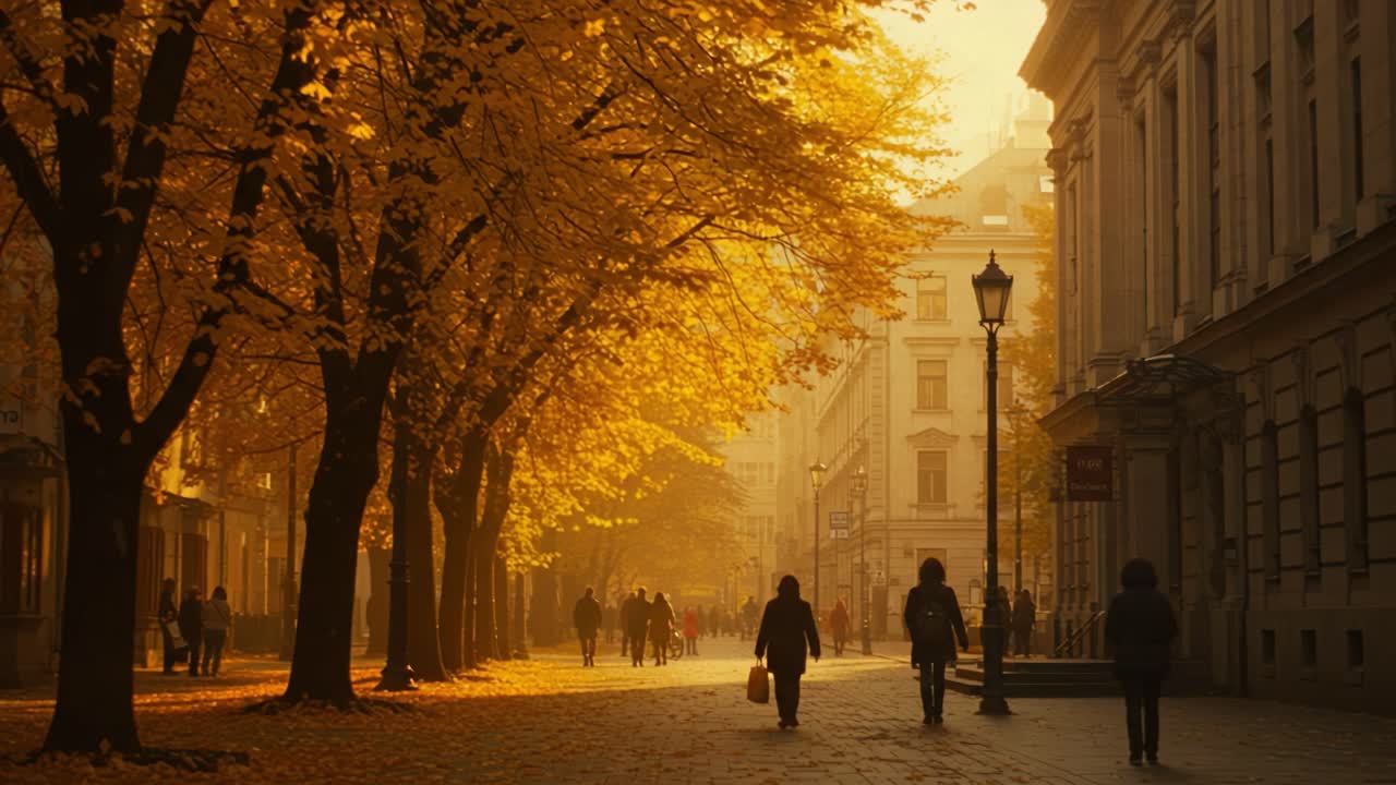 A Serene Autumn Evening: Strolling Through Leafy Pathways Drenched in Golden Light with People Enjoying the Tranquil Ambience of Fall