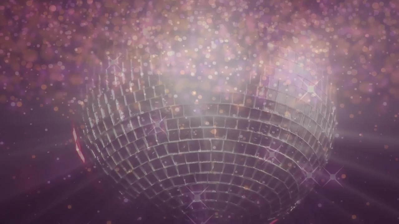 Animazione di punti luce e stelle scintillanti che cadono su una palla da discoteca dorata rotante