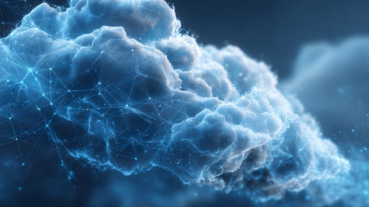 A Stunning Visual of a Digital Cloud Formation Illuminated by Intricate Light Patterns and Luminous Connections, Representing Modern Technology and Data Flow