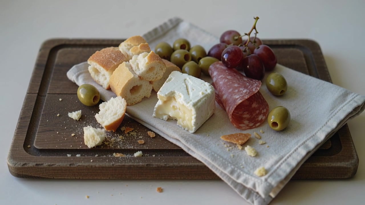 Pulling camera after frame sequence, rising over tabletop, revealing charcuterie on wooden board