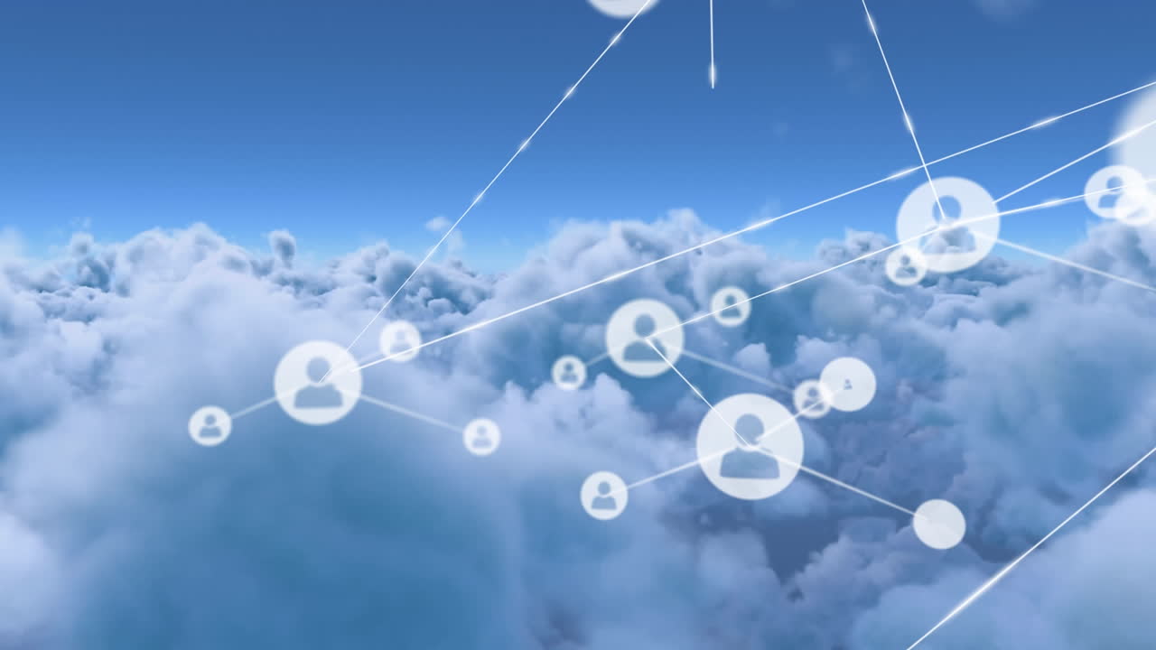 animación de la red de iconos de perfil contra las nubes en el cielo azul
