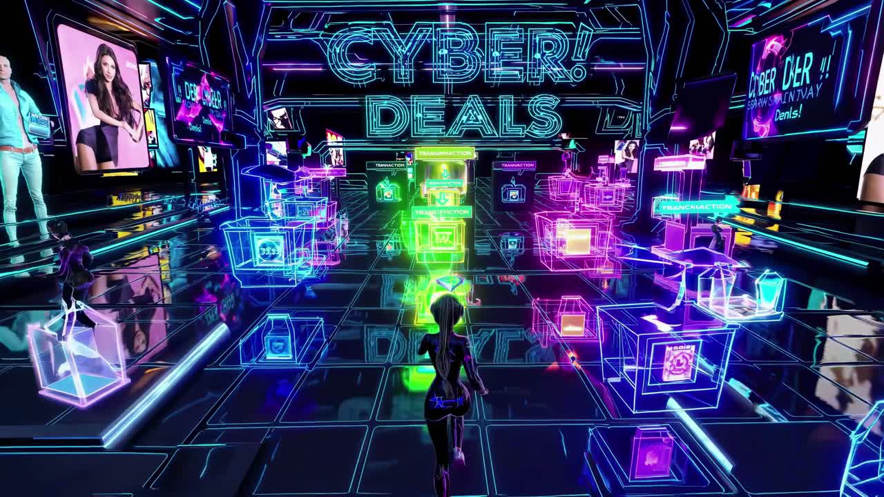 Futuristic cyber deals video concept with neon lights and digital screens