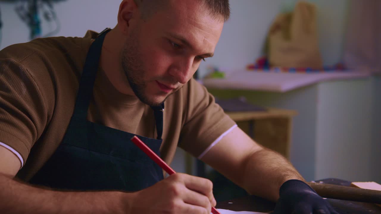 Uomo che disegna un progetto con matita in officina