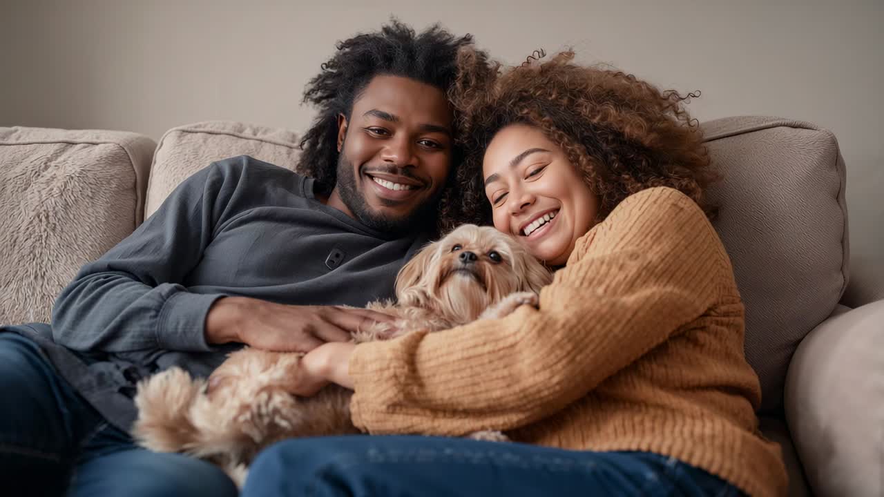 Coppia sorridente che coccola un cagnolino color beige su un divano beige a casa, con indosso un maglione di lana e una maglia scura