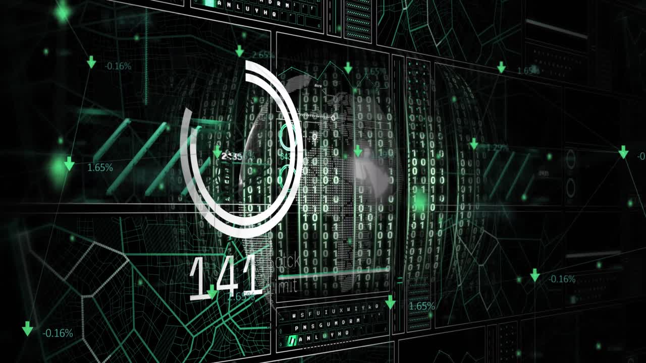 Animation of data processing over dark background