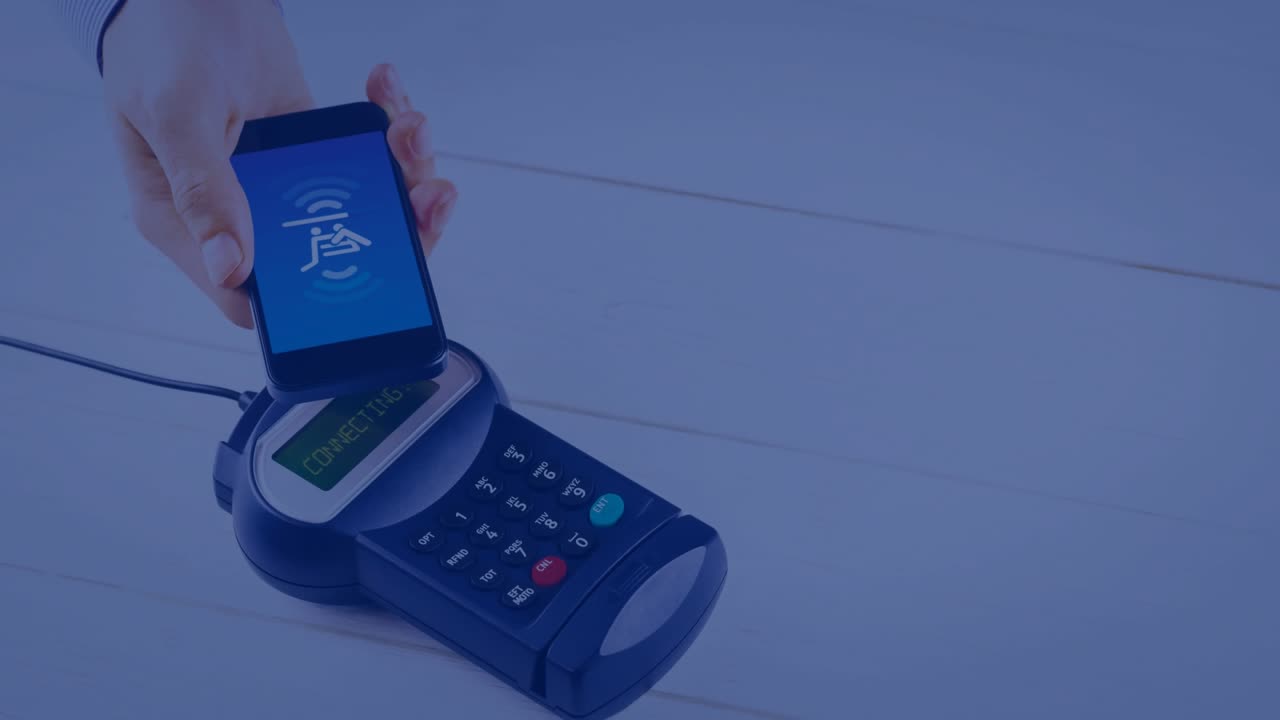 Animación de puntos rojos sobre un smartphone y un terminal de pago.