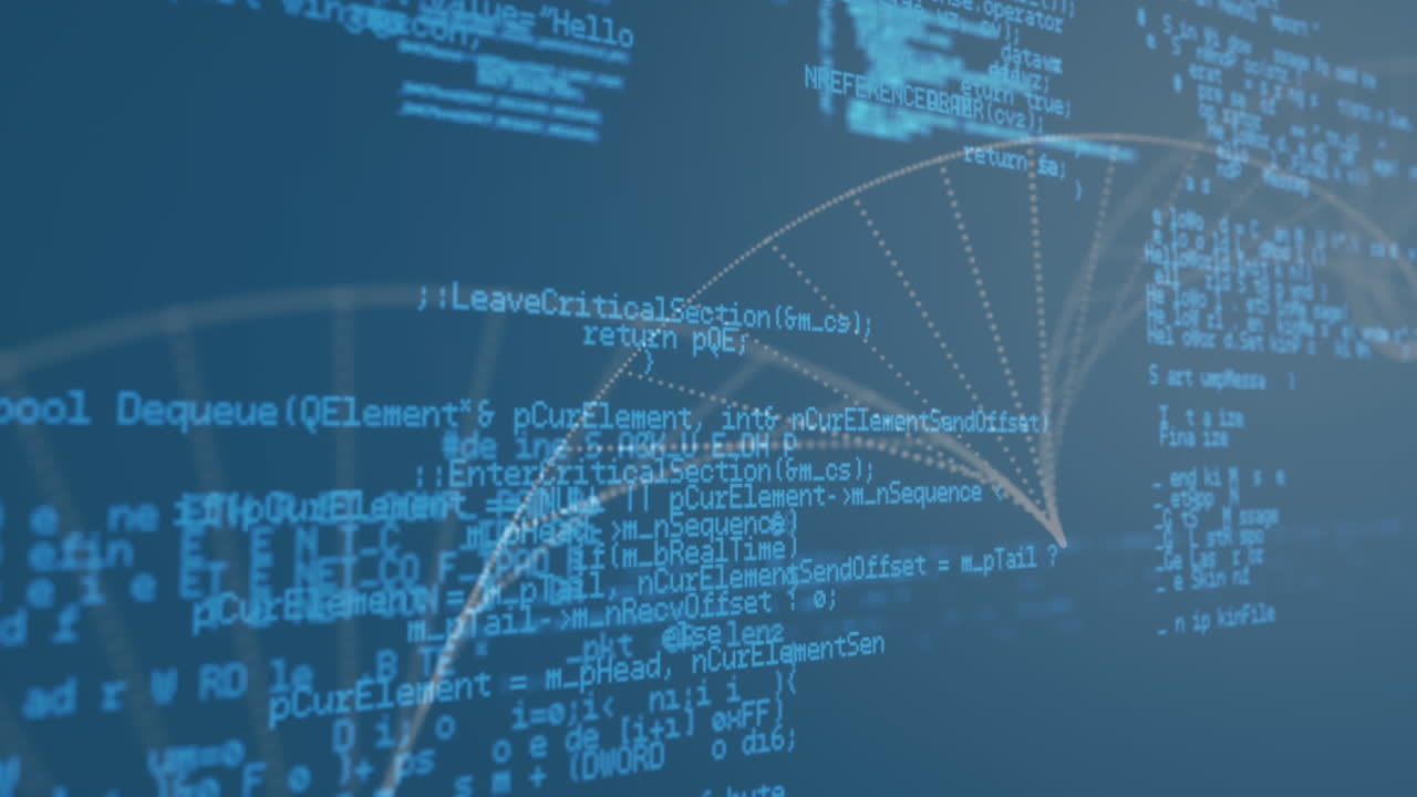 Animation of processing blue data and dna helix rotating on blue screen